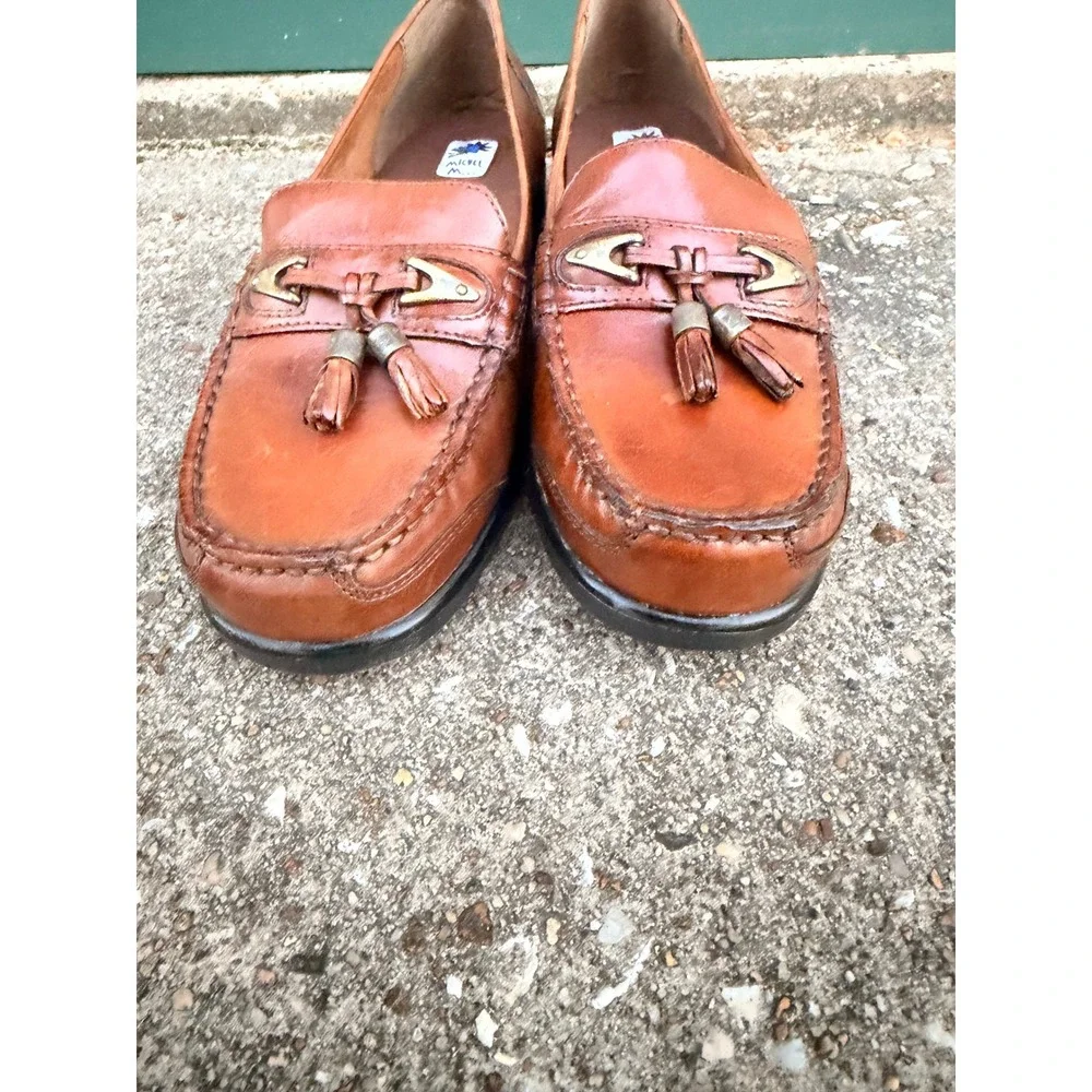 Michel Women's 8M Brown Leather Tassel Loafers Horsebit Moc Toe Classic‎